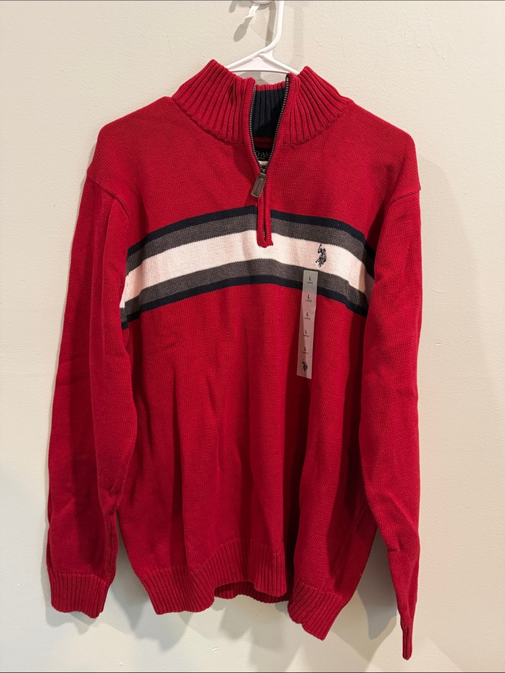 Polo by Ralph Lauren Red Half-Zip Sweater with Navy and White Stripes